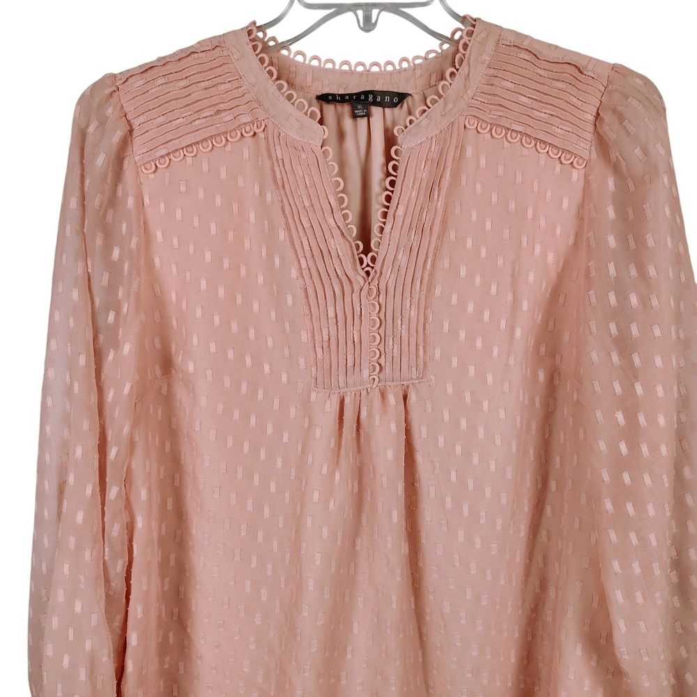 Sharagano Womens XL Blouse Pink Lurex Clip Dot Pintuck Romantic Coquette